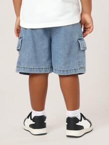 SUMWON 儿童工装牛仔短裤松紧腰抽绳夏季休闲运动宽松可调节舒适棉质户外探险休闲服 - 藍色 - 查看 2