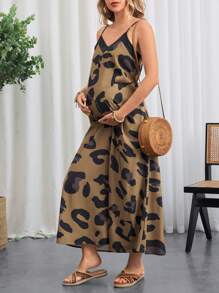 SHEIN Rochie ocazională fără mâneci, cu decolteu în V, cu imprimeu leopard - Cafea - Vizualizare 3