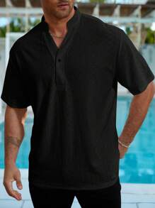 ResortEase Plus Size Men Short Sleeve Solid Color Shirt, Fashion Fit For Summer - Black - View 4