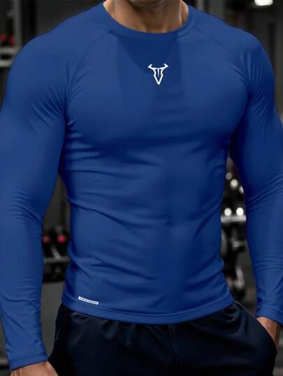 Manfinity Sport PWRUP 男士印花圆领长袖运动T恤，蓝色，适合运动、跑步、健身等各种场合，透气修身，圆领压缩衣，男士款