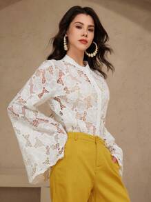 DAZY Women Lace Collar Flare Sleeve Solid Sheer Button Front Blouse,Fall Women Clothes Long Sleeve Top - Beige - View 1