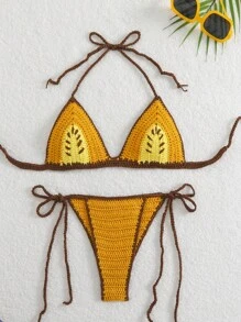 Swim Mod Women's Contrast Color Halter Tie Front Top And Triangle Cover Up Bikini Sets For Summer Beach Vacation - Yellow - View 1