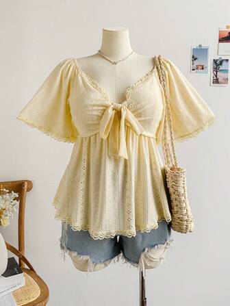 Soleia 大码女式纯色正面打结荷叶边下摆休闲 T 恤