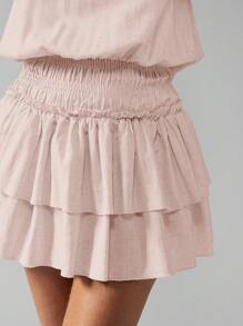 MISSGUIDED Halter Neck Smocked Waist Tiered Mini Dress Summer Party Evening Ruffle Hem Fashion Double Layer Statement Gold Jewelry Beach Resort Evening Holiday - Pink - View 7