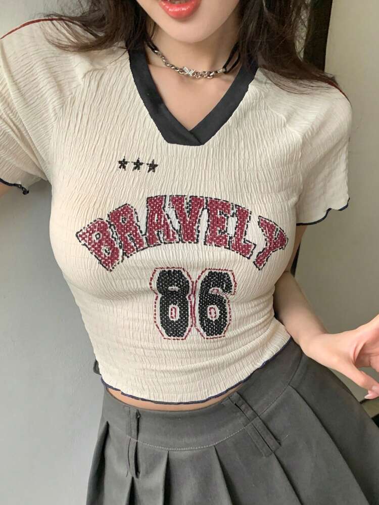 Camiseta Ativa Esportiva Sexy e Ajustada de Verão para Mulheres, Camisa de Manga Curta com Estampa de Letra em Bloco de Cor com Fita, Blusas Fofas, Cropped Feminino, Roupas de Volta às Aulas