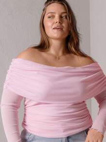 Aralina Romantic Pink Off Shoulder Ruched Bodycon Mesh Crop Top