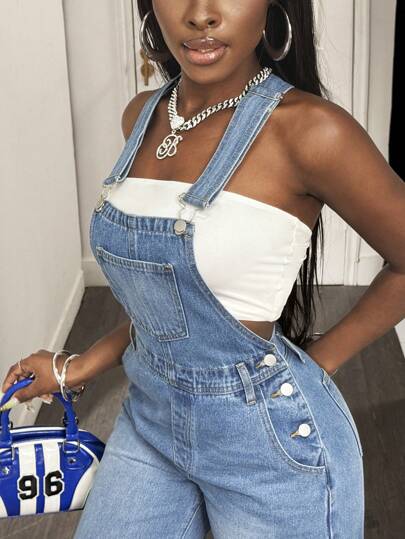 Slaydiva Women's Casual Washed Loose Denim Bib Pants