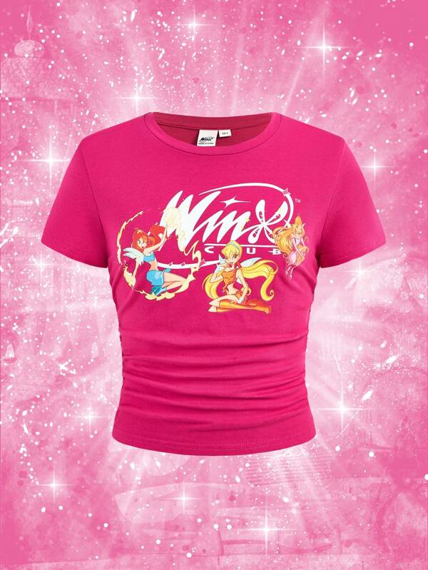 The Winx X SHEIN Tricou cu mânecă scurtă pentru fetiță Tween Magic Fairy Princess Graphic Pink
