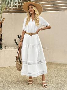 EMERY ROSE Falda casual de línea A con cintura elástica, parches de encaje y unicolor, ideal para vacaciones - Blanco - Ver 7