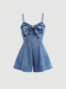 SHEIN Girlism Mono vaquero con lazos tridimensionales cómodos y de estilo vintage Y2K para niñas preadolescentes, ropa de diario, atuendos de verano y primavera, ropa para festivales y playa