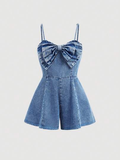 SHEIN Girlism Tween Girls Fashion Casual Y2k Vintage Blue Comfortable Three-Dimensional Bow Strappy Jumpsuit Jeans For Tween Girl Clothes Girls Soft Dailywear And Tween Girl Summer And Spring Rave Outfits Festival And Beach Outfits Clothes
