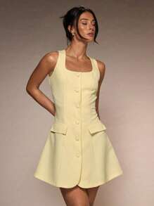 Glamine Nuevo vestido casual mini para mujer de primavera temprana, con escote cuadrado, sin mangas, bolsillo falso, ajuste delgado y apropiado para ir a trabajar