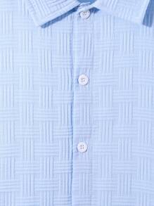 2pcs/Set Textured Teenage (Boys) Blue Shirt Top And Loose Textured Shorts Set - Blue - View 4