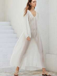 Aveloria Modichic 女士通勤V领褶皱泡泡袖长袖丝滑光泽面料系带A字连衣裙 - 白色 - 查看 5