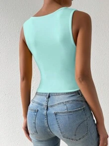 Chiquease Top corto ajustado de unicolor con escote de U para mujer - Azul - Ver 2