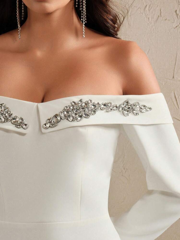 Anewsta Off Shoulder Long Sleeve Elegant Sparkling Embellished Long Dress, Suitable For Dating, Party, Festival, Vacation Outfitsvalentines Festival,Graduation Outfit,Elegant,Business Casual,Modest Dresses