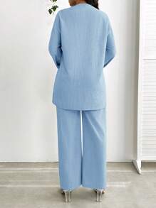 SHEIN Lady 2pcs Women Casual Front Tie Long Sleeve Top And Pants Set, Solid Color Blue Women's Two Pieces Set - Baby Blue - View 2