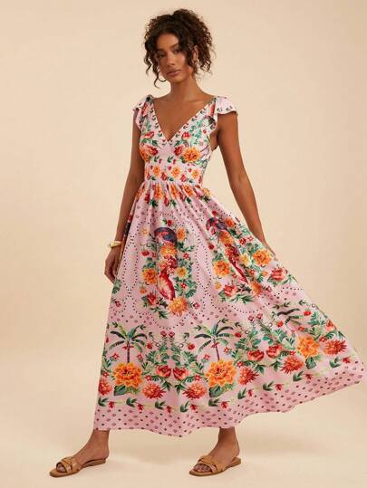 Travachic Floral Print Romantic Long Dress, Vacation Style,Summer Outfits For Women,Beach Outfits For Woman,Western Wear Women,Concert Outfit Women,Boho,Tropical Vacation, Boho Dresses For Women,Tropical Dresses For Women ,Women Dresses, Vacation New Arrivals Women Dress,Vacation Outfits Women