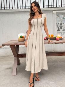 SHEIN Frenchy Abito casual da donna con scollo quadrato, maniche a palloncino e righe