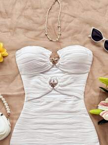 Soleia Váy ngắn bó sát họa tiết gợn sóng dệt kim màu trắng cho kỳ nghỉ của phụ nữ, trang trí khóa kim loại hình sao biển khoét lỗ, thích hợp cho tiệc tùng, hẹn hò, trà chiều, bãi biển, mùa hè - trắng - Xem 3