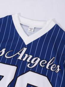 Sparklyn Girls Oversized Basic Retro Team Sports Striped V-Neck T-Shirt With Contrast Trim, Matching Mother & Sisters, Casual Street Wear