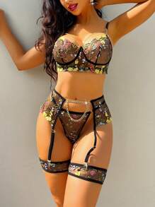 5 Stück/Set transparente bestickte sexy Damen bügellos-BH Set (String/Strumpfhalter/Beinring) Dessous für Ausgehen - Schwarz - Übersicht 5