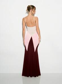 KIZN 透明网眼优雅色块美人鱼晚礼服拼接网眼长裙特殊场合及地长无袖细肩带礼服