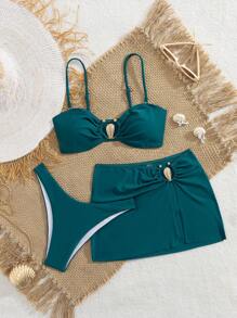 Swim Vcay 3 件套女士夏季海滩优雅时尚年轻百搭金属装饰吊带比基尼泳装，纯色比基尼套装，适合假期、派对、节日 - 水鴨藍 - 查看 1
