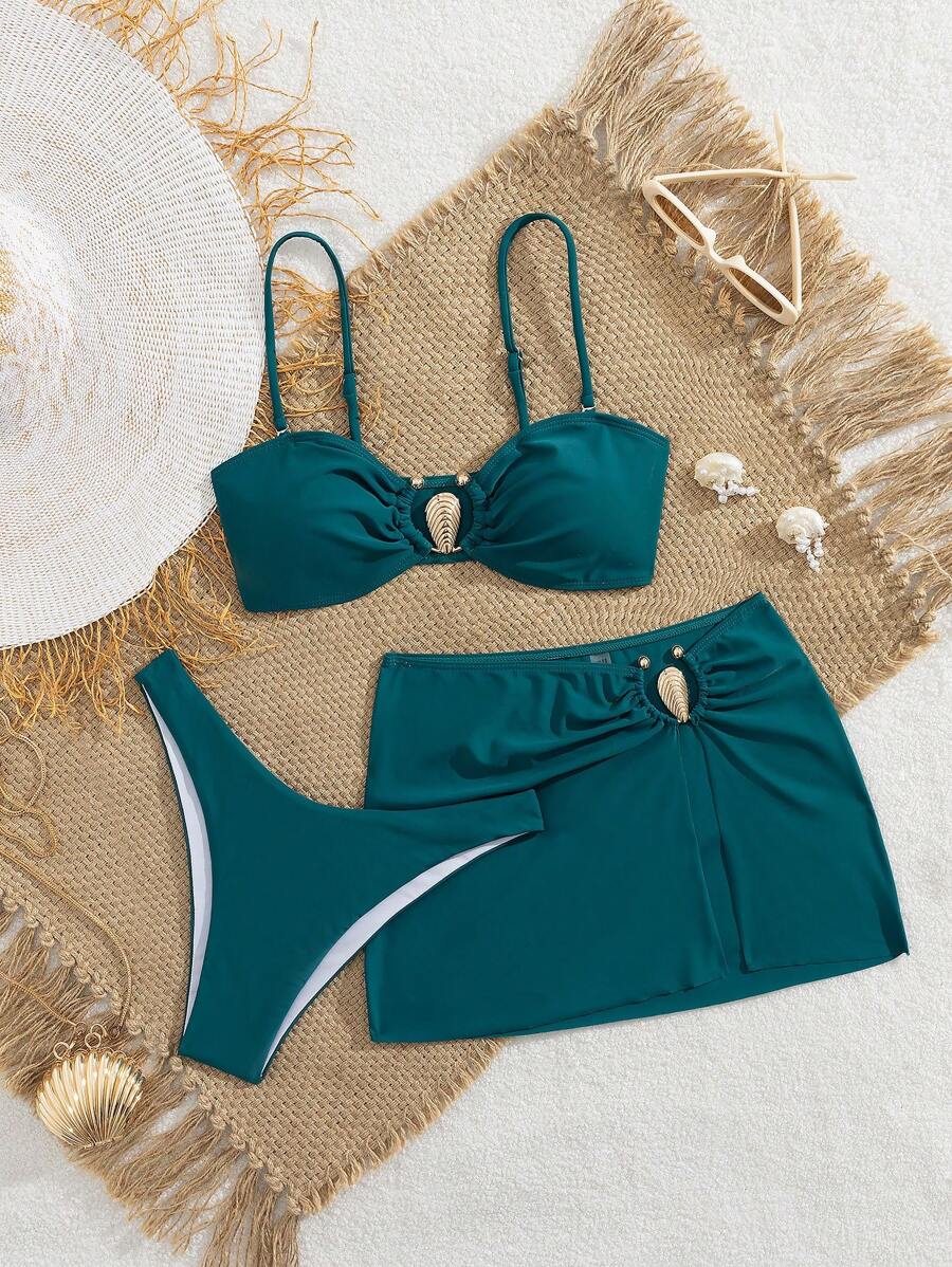 Swim Vcay 3 件套女士夏季海滩优雅时尚年轻百搭金属装饰吊带比基尼泳装，纯色比基尼套装，适合假期、派对、节日 - 水鴨藍 - 查看 1