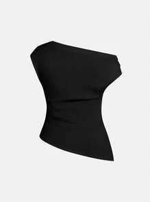 SHEIN MOD ملابس علوية مقاس كبير بأكمام قصيرة مكشوفة الكتف، كاجوال عملي للنساء - الأسود - مشاهدة 2