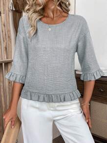 SHEIN Clasi Áo sơ mi vải lanh thường ngày dành cho nữ, tay ngắn, cổ tròn, dáng rộng, vải dệt màu xanh lam, viền bèo ở cổ tay và gấu áo, dành cho kỳ nghỉ hè - Xám - Xem 3