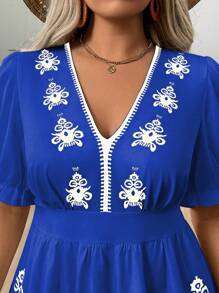Breezaya V-Neck Puff Sleeve Printed Elegant Dress - Blue and White - View 6