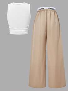 SHEIN ChillGRL 两件套少女星形印花侧边抽绳上衣和带口袋的撞色腰带工装裤套装，休闲街头风，春夏假日装。