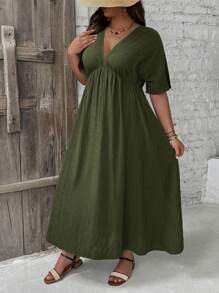 SHEIN VCAY Plus Size Casual Solid Color Dress, Winter,Beach Dress Sundress,Holiday Outfits Boho - Army Green - View 4