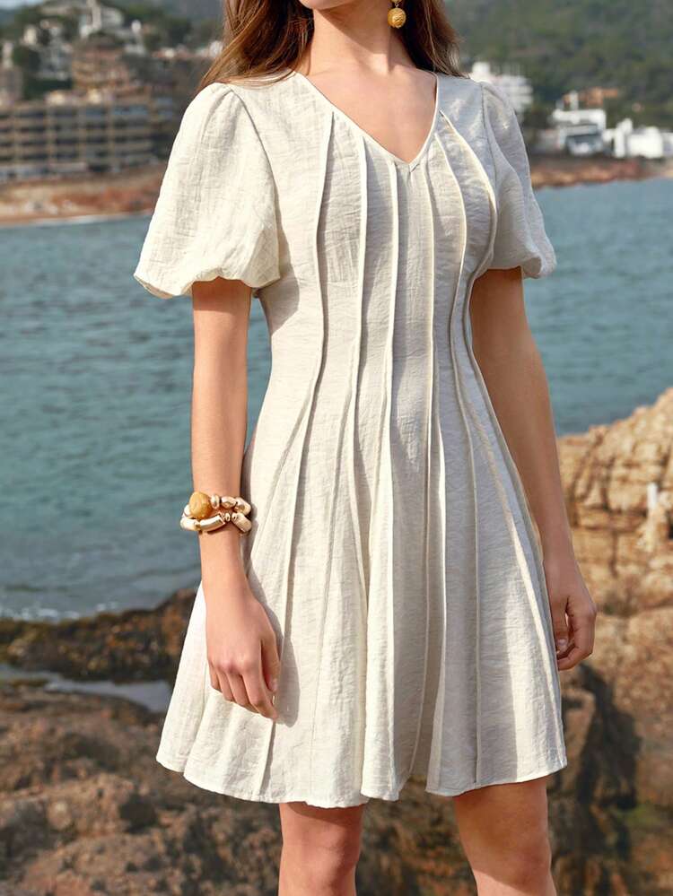 WOMEN'S LINEN ZIPPER PUFF SLEEVE SHORT DRESS, SUMMER VACATION