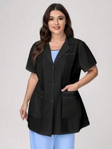 TaskEZ Chaqueta estilo bata de laboratorio de talla grande para mujer, de unicolor jaspeado, con solapa, manga corta, abotonadura sencilla y bolsillo, para uso profesional de enfermera