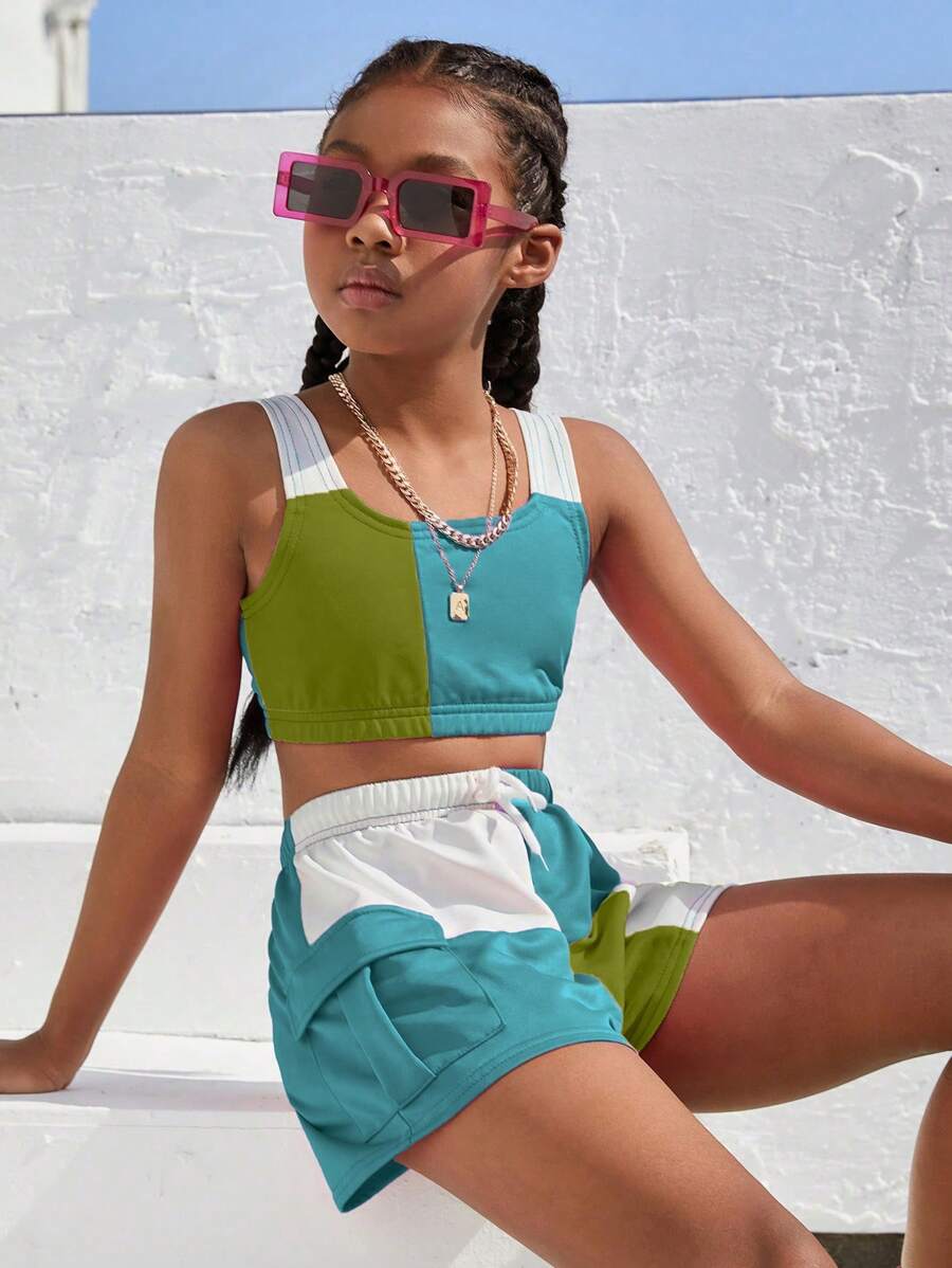 SHEIN Tween Girl Colorblock Camisole & Shorts 2pcs Set - Multicolor - View 1