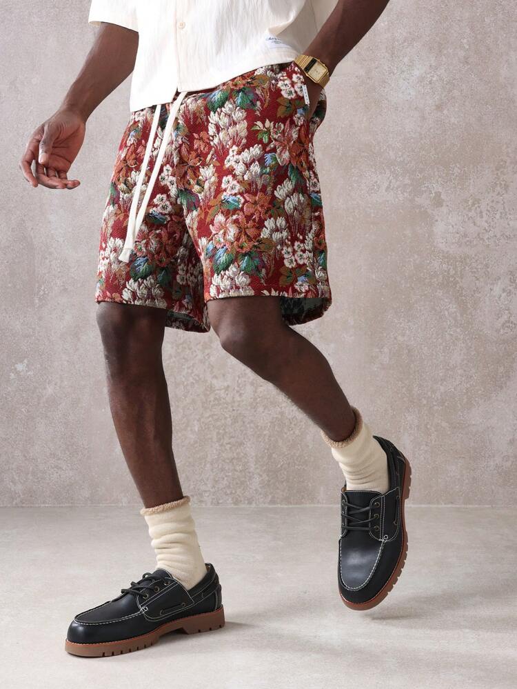 Bequeme Shorts mit lockerer Passform und Blumenmuster im Tapestry-Stil und Kordelzug