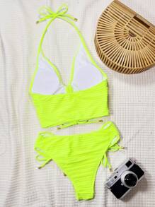 Swim SXY 女士夏季新款纯色提花面料前褶镂空露背系带休闲沙滩比基尼套装 - 青檸色 - 查看 6