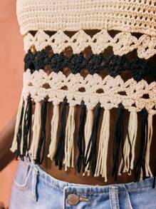 Maija Women's Vacation Hollow Out Design Tassel Hem Sleeveless Knitted Top ,Vacation Outfits - Black and White - View 3