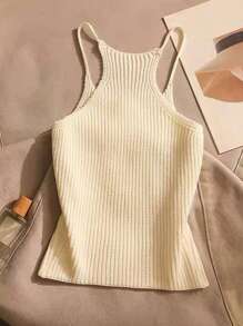 Women's Casual Solid Color 3D Floral Decor Camisole Knit Top, Summer - Black and White - View 2