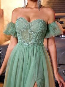 Glamrae Elegant Sage Green Off-Shoulder Lantern Sleeve Lace Waist Sheer Ruffle A-Line Maxi Dress With Side High Slit & Adjustable Strap, Suitable For Date, Vacation, Singles Party, Wedding, School Formal, Formal Evening Gown, For Wedding Guest