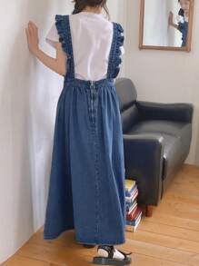 DAZY Vestido feminino com alças e babados no busto, vestido longo jeans casual fofo e elegante - Lavagem Média - Ver 8