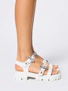 ROMWE Grunge Punk Women White Open Toe Platform Sandals, 4.5cm Thick Sole, Punk Metal Rivet Star Bat Buckle Decor, Adjustable Hook And Loop Strap, Casual Fashion, Suitable For Daily Wear, Students, Beach - White - View 1