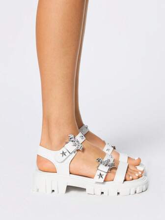 Grunge Punk Women White Open Toe Platform Sandals, 4.5cm Thick Sole, Punk Metal Rivet Star Bat Buckle Decor, Adjustable Hook And Loop Strap, Casual Fashion, Suitable For Daily Wear, Students, Beach