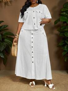 SHEIN CURVE+ Plus Size Women Holiday Openwork Jacquard Pocket Top & Long Skirt 2 Pieces Set, Curve Plus, Boho Vacation, Summer Outfits For Womenbeach Outfits For Woman/Beach Dress/Beach Vacation Outfits/Beach Essentials / Graduation/Tea Party Dress - White - View 5