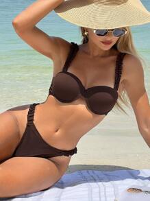 Swim Lushoire 2pcs Women's Solid Color Ruched Strap Design Bikini Set For Summer Beach Vacation - Red - View 1