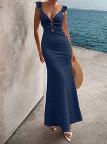 Breezaya Women's Solid Color Knitted Deep V-Neck Fishtail Cap Sleeve Dress - Navy Blue - View 4