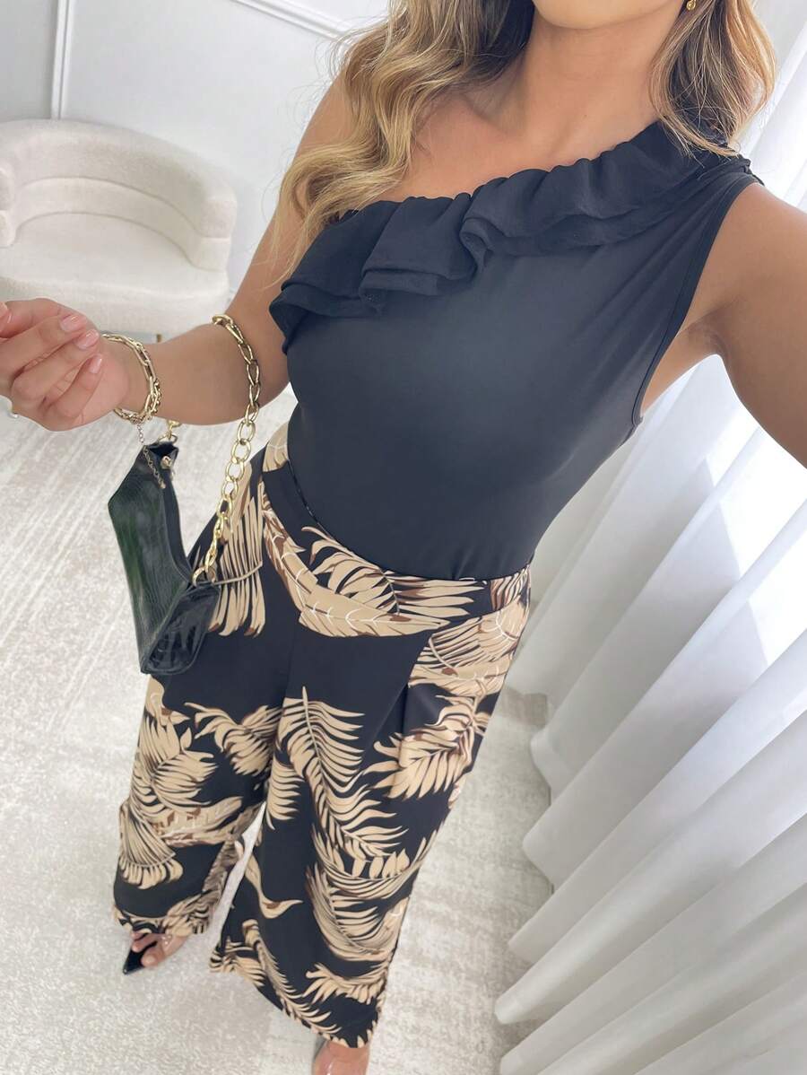 SHEIN CURVE+ Conjunto de 2 piezas de talla grande de verano informal con top crop sin mangas con volantes y pantalones de pierna ancha - Multicolor - Ver 1