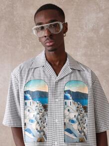 SUMWON Summer Vacation Greek Island Santorini Printed Check Shirt Resort Casual Beach Holiday Button Down Mediterranean Coastal Travel Wear - Light Grey - View 4